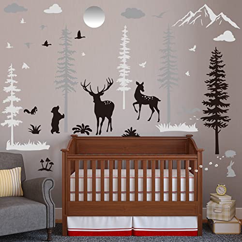 Nursery Wall Decals Forest Deers Wall Stickers Bears Pine Tree Wall Decals Mural Art Wallpaper for DIY Children Room Nursery Vinyl Removable Decals (Classic Style)