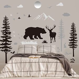 Nursery Wall Decals Forest Deers Wall Stickers Bears Pine Tree Wall Decals Mural Art Wallpaper for DIY Children Room Nursery Vinyl Removable Decals (Classic Style)