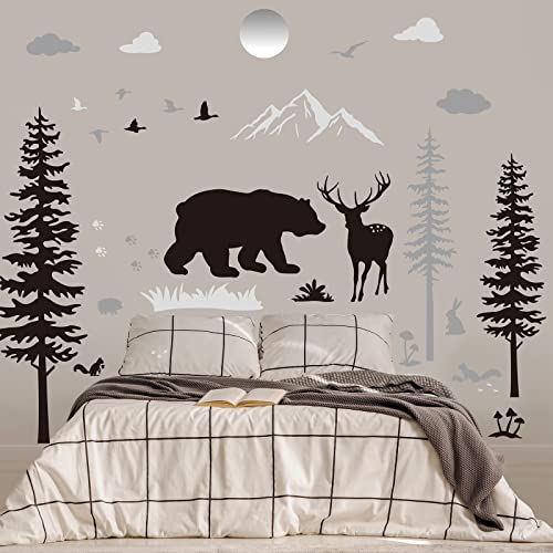 Nursery Wall Decals Forest Deers Wall Stickers Bears Pine Tree Wall Decals Mural Art Wallpaper for DIY Children Room Nursery Vinyl Removable Decals (Classic Style)