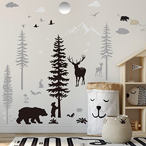 Nursery Wall Decals Forest Deers Wall Stickers Bears Pine Tree Wall Decals Mural Art Wallpaper for DIY Children Room Nursery Vinyl Removable Decals (Classic Style)