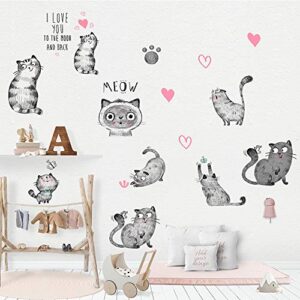 cartoon cats wall decals - maiyu 9 cute kittens with butterfly heart paw print wall stickers for kids bedroom living room nursery home decorations