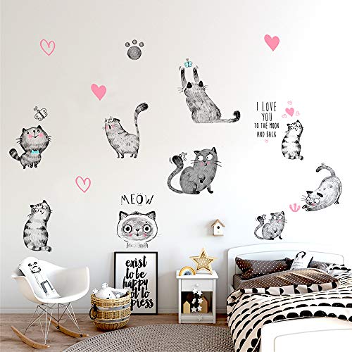 Cartoon Cats Wall Decals - MAIYU 9 Cute Kittens with Butterfly Heart Paw Print Wall Stickers for Kids Bedroom Living Room Nursery Home Decorations