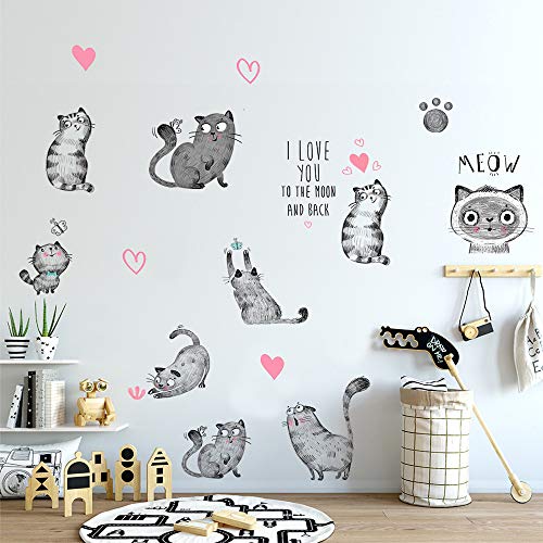 Cartoon Cats Wall Decals - MAIYU 9 Cute Kittens with Butterfly Heart Paw Print Wall Stickers for Kids Bedroom Living Room Nursery Home Decorations