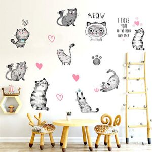 Cartoon Cats Wall Decals - MAIYU 9 Cute Kittens with Butterfly Heart Paw Print Wall Stickers for Kids Bedroom Living Room Nursery Home Decorations