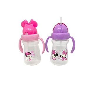 Disney Cudlie Minnie Mouse Baby Girl 2 Pack of 6 Oz Sippers Handles Pop Up Straw Character Molded Lid in Pink & Purple