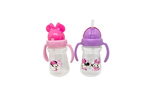 Disney Cudlie Minnie Mouse Baby Girl 2 Pack of 6 Oz Sippers Handles Pop Up Straw Character Molded Lid in Pink & Purple