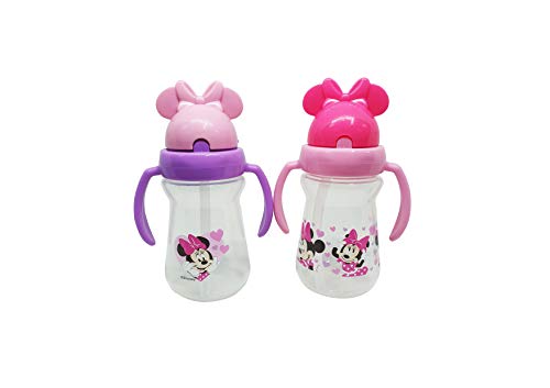 Disney Cudlie Minnie Mouse Baby Girl 2 Pack of 6 Oz Sippers Handles Pop Up Straw Character Molded Lid in Pink & Purple