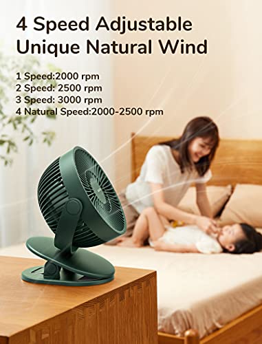 JISULIFE Clip on Baby Stroller Fan, 4000mAh Battery Operated Fan, Portable Personal Small Fan, Quiet & Narrow Slot Design, 4 Speeds, Max 14 Hrs, Ideal for Bed, Desk, Car Seat - Dark Green