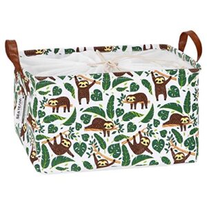 Sea Team Collapsible Canvas Fabric Storage Basket with Handles, Rectangle Nursery Storage Bin, Box, Cube, Foldable Shelf Basket, Closet Organizer, Waterproof, 16.5 x 11.8 x 9.8 Inches, Sloth