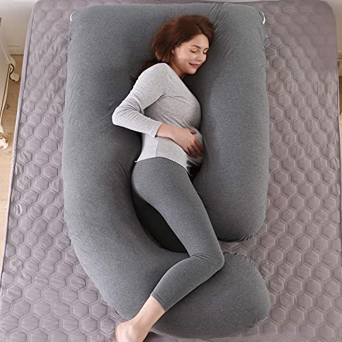 Elover Pregnancy Pillows for Sleeping,U Shaped Full Body Pillow for Pregnancy Women with Removable Jersey Cotton Cover,57 Inch Maternity Pillow(Jersey,Dark Grey)