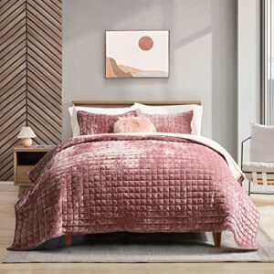 recyco luxury velvet quilt set king size, lightweight velvet comforter set, oversized bedspread coverlet quilted bedding set, with 2 matching pillow shams, for all season, dusty mauve pink