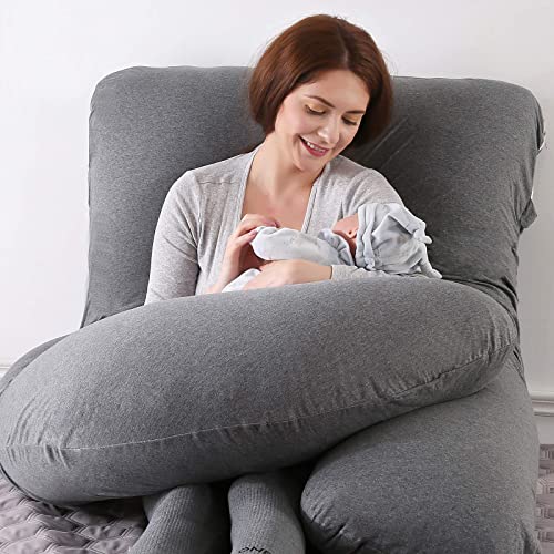 Elover Pregnancy Pillows for Sleeping,U Shaped Full Body Pillow for Pregnancy Women with Removable Jersey Cotton Cover,57 Inch Maternity Pillow(Jersey,Dark Grey)