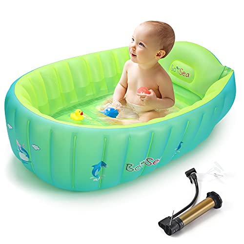 Boysea Inflatable Baby Bathtub with Air Pump, Bathtub Seat with Anti-Sliding Saddle Horn for Newborn to Toddler, Portable Travel Shower Basin with Back Support, Deflates and Folds Easily