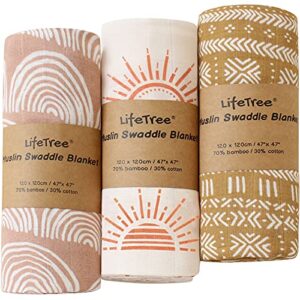lifetree 3 pack muslin swaddle blankets - soft bamboo cotton baby swaddle blankets unisex for boys & girls newborn - earthy color collection, lightweight, breathable, large 47 x 47 inches