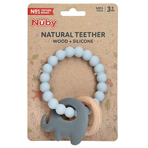 Nuby Natural Wood & Silicone Teether Ring: 3 M+, Elephant, Gray