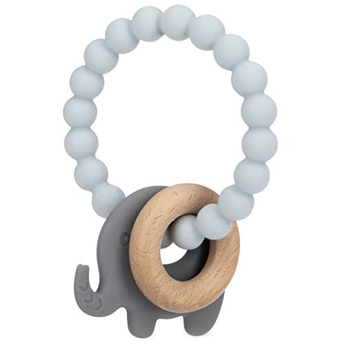 Nuby Natural Wood & Silicone Teether Ring: 3 M+, Elephant, Gray