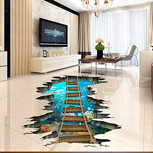 XIAOQI 3D Floor Stickers,Underwater Sea World Starfish Colorful Fishes Removable Love Ocean Cute Wooden Suspension Bridge PVC Art Wall Decal , Sensory Room Decorations for Boys & Girls, colorful