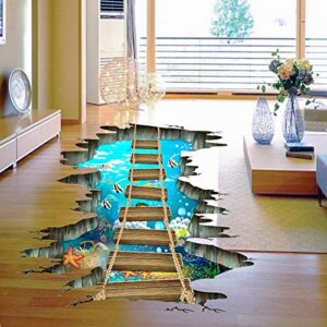 XIAOQI 3D Floor Stickers,Underwater Sea World Starfish Colorful Fishes Removable Love Ocean Cute Wooden Suspension Bridge PVC Art Wall Decal , Sensory Room Decorations for Boys & Girls, colorful