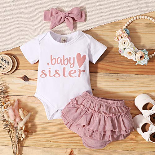 Dimoybabe Baby Girl Clothes Stuff Newborn Infant Summer Cute Outfit Cotton Ruffle Short Sleeve Romper + Floral Pants + Headband White Pink Baby Sister 0-3 Months 70CM