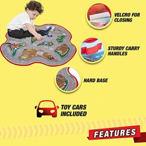 Toy Cars Storage Box, 2 in 1 Convertible Garage Holder Case with Road Play Mat & 17 Play Vehicles Included, Collapsible Fabric Organizer Bin for Kids