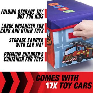 Toy Cars Storage Box, 2 in 1 Convertible Garage Holder Case with Road Play Mat & 17 Play Vehicles Included, Collapsible Fabric Organizer Bin for Kids