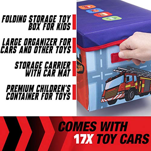 Toy Cars Storage Box, 2 in 1 Convertible Garage Holder Case with Road Play Mat & 17 Play Vehicles Included, Collapsible Fabric Organizer Bin for Kids