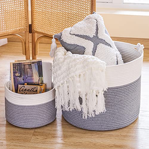 Goodpick Cute Grey Cotton Rope Basket And Large Baby Nursery Storage Basket (Set of 2)