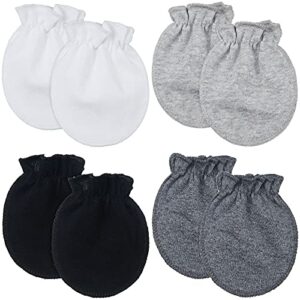 4 pairs newborn baby cotton mittens no scratch gloves newborn mittens for 0-6 months baby (white, light gray, gray, black)