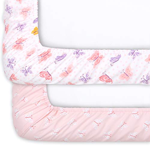 The Peanutshell Butterfly Fitted Crib Sheet Set for Baby Girls - 2 Pack - Pink, Gold, & Lavender