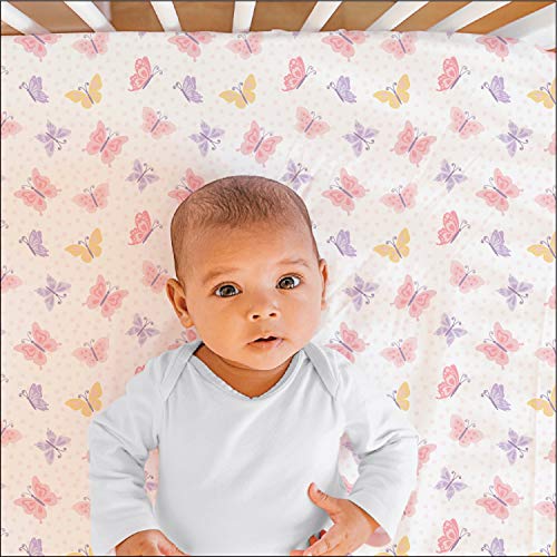 The Peanutshell Butterfly Fitted Crib Sheet Set for Baby Girls - 2 Pack - Pink, Gold, & Lavender