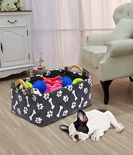 Geyecete dog toy box bin storage basket bins - with Wooden Handle, Printing felt Pet supplies storage Toy Chest Storage Trunk-Gray