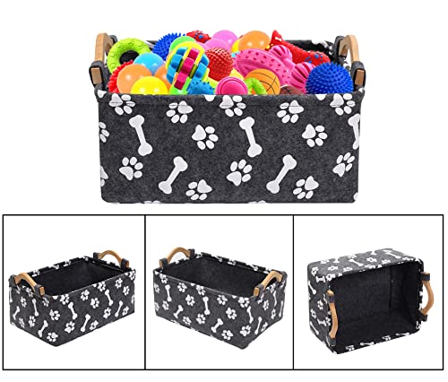 Geyecete dog toy box bin storage basket bins - with Wooden Handle, Printing felt Pet supplies storage Toy Chest Storage Trunk-Gray