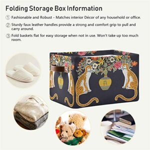 Chinese Tiger Chinoiserie Flower Foldable Storage Basket, Large Collapsible Organizer Storage Bin Cube Toys Storage Boxes with Handles for Bathroom Kids Nursery Closet Storage, 2 Pack