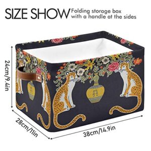 Chinese Tiger Chinoiserie Flower Foldable Storage Basket, Large Collapsible Organizer Storage Bin Cube Toys Storage Boxes with Handles for Bathroom Kids Nursery Closet Storage, 2 Pack