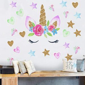 heshengzaixian unicorn horn wall stickers, unicorn face star heart wall decals for girls bedroom, baby girl nursery kid’s birthday decoration,girl's room decor