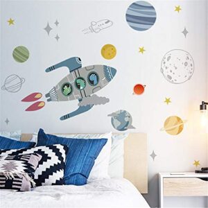 rofarso cartoon cute dinosaurs on rocket wall stickers planets outer space stars diy vinyl removable large wall decals art decorations decor for kids boys bedroom living room playing room murals