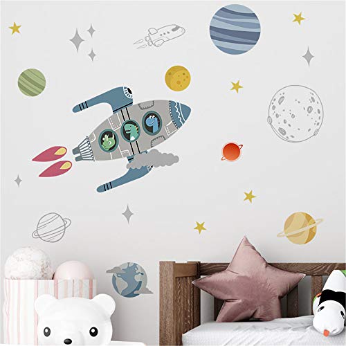 ROFARSO Cartoon Cute Dinosaurs on Rocket Wall Stickers Planets Outer Space Stars DIY Vinyl Removable Large Wall Decals Art Decorations Decor for Kids Boys Bedroom Living Room Playing Room Murals