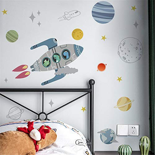 ROFARSO Cartoon Cute Dinosaurs on Rocket Wall Stickers Planets Outer Space Stars DIY Vinyl Removable Large Wall Decals Art Decorations Decor for Kids Boys Bedroom Living Room Playing Room Murals