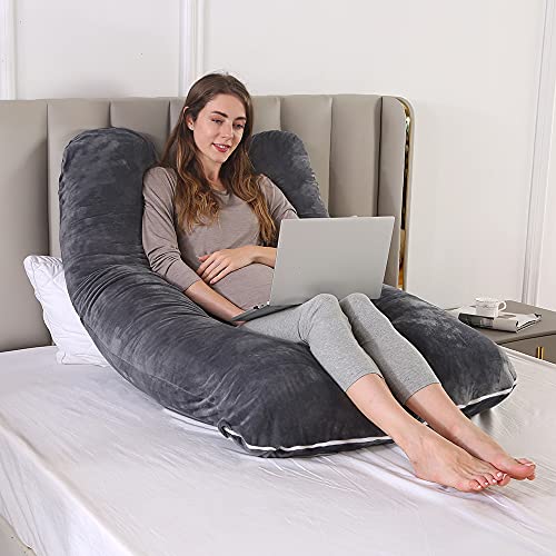 Creatop Pregnancy Body Pillows with Velvet Cover, U Shaped Full Body Pillow, Long Maternity Pillow, Support for Back, Neck, Legs, Hip and Belly Removable Washable Cover, 55 inches Black