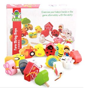 lacing farm toy wooden block set, early educational toys string & lacing beads games for toddlers kids farm animal learning play set (16 pieces)