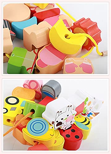 Lacing Farm Toy Wooden Block Set, Early Educational Toys String & Lacing Beads Games for Toddlers Kids Farm Animal Learning Play Set (16 Pieces)