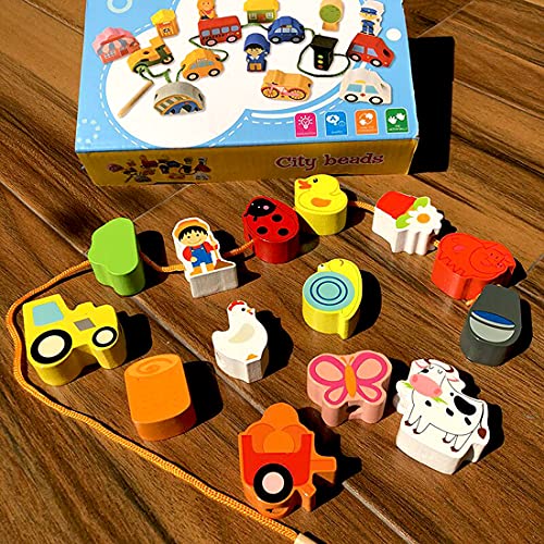 Lacing Farm Toy Wooden Block Set, Early Educational Toys String & Lacing Beads Games for Toddlers Kids Farm Animal Learning Play Set (16 Pieces)