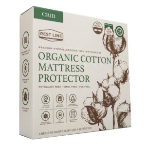 rest line 100% organic cotton mattress protector. crib and cot cover (28x52in),100% waterproof,cooling, hypoallergenic cover stretches 6 to 8 inch dept and protects against wetting accidents