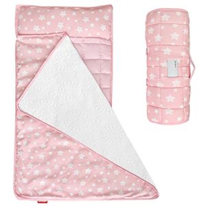 moonsea toddler nap mat pink, removable pillow and fleece minky blanket, lightweight and soft perfect for kids preschool, daycare, travel sleeping bag for girls, 21" x 50" fit on a standard cot