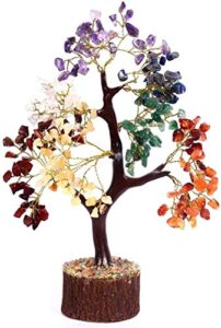 shawn seven chakra natural healing gemstone bonsai fortune money tree for good luck, wealth & prosperity office decor spiritual gift (with golden wire and 300 beads) size 10-12 inches, golden,natural