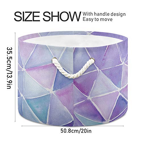 Storage Basket Bin Modern Purple Geometry Round Laundry Basket Collapsible Organizer Basket Kids Laundry Hamper with Handles for Nursery Clothes Toys Books Home Decor