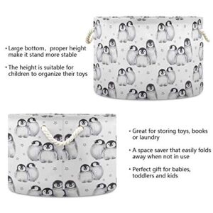 ALAZA Large Storage Basket for Toys Cute Baby Penguins Star Round Blanket Basket Baby Laundry Hamper Canvas Organizer Bin Box Cotton Rope Collapsible Bucket Pillow Home Decor
