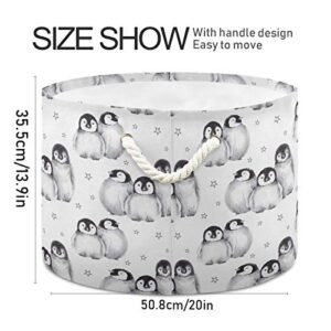 ALAZA Large Storage Basket for Toys Cute Baby Penguins Star Round Blanket Basket Baby Laundry Hamper Canvas Organizer Bin Box Cotton Rope Collapsible Bucket Pillow Home Decor
