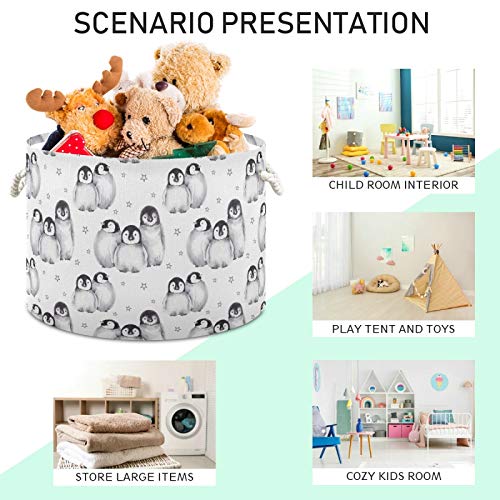 ALAZA Large Storage Basket for Toys Cute Baby Penguins Star Round Blanket Basket Baby Laundry Hamper Canvas Organizer Bin Box Cotton Rope Collapsible Bucket Pillow Home Decor