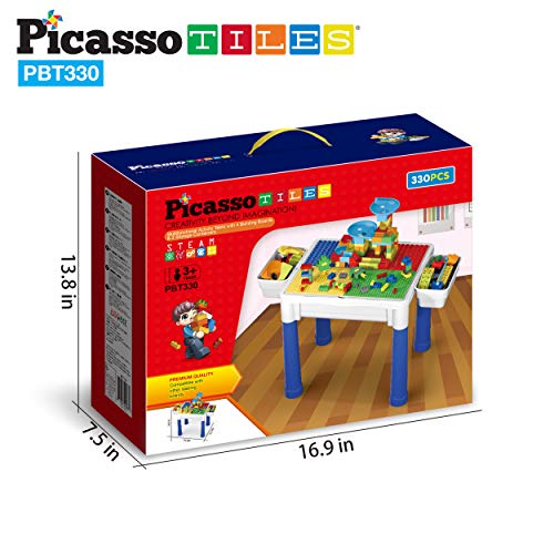 PicassoTiles Kids Activity Center Play Table & Study Desk Set Sandbox Water Tight Container Storage All-in-1 STEM Toy Kit Playset with 331pc Dual Size Building Bricks Construction Blocks Marble Run